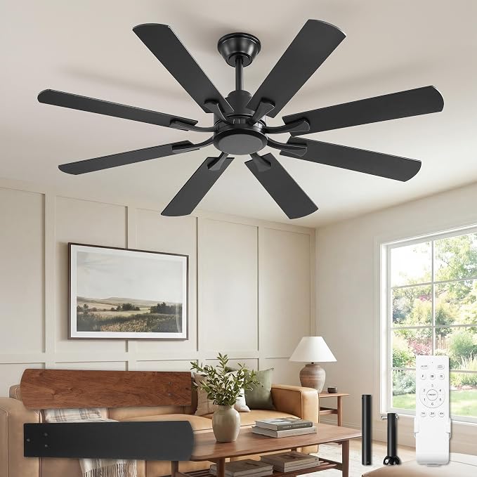 ZMISHIBO 52 inch Ceiling Fan no Light, 8 Blades Black Ceiling Fans without lights, Quiet Rerverible DC Motor, 6speeds, for Bedroom, Living Room, Home Office and Patio