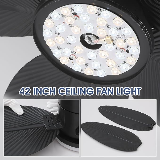 Surtime Palm Leaf Ceiling Fans with Lights-42 Tropical Ceiling Fan with Light and Remote/APP Control,Flush Mount Low Profile Black Ceiling Fans for Bedroom,Indoor/Outdoor Patio Use