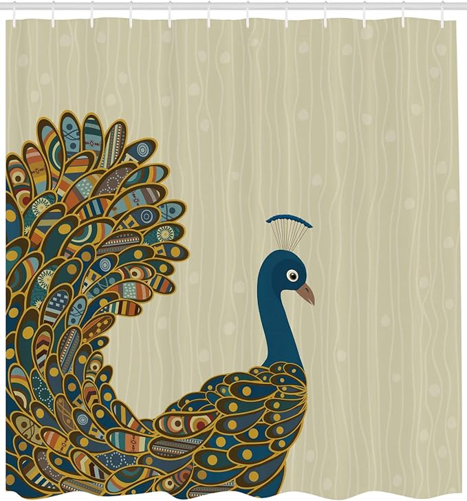 Ambesonne Peacock Shower Curtain, Oriental Background with Motley Bird Tail Ornate, Cloth Fabric Bathroom Decor Set with Hooks, 69" W x 84" L, Petrol Blue