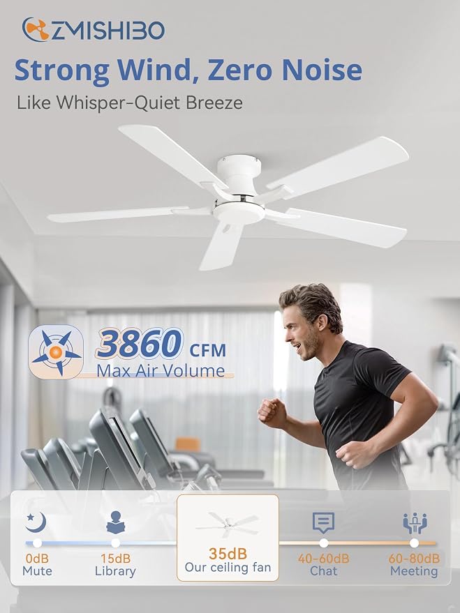 ZMISHIBO 52 Inch Ceiling Fan No Light, Flush Mount Low Profile, Modern White Ceiling Fan Without Light, Remote Control & Quiet DC Motor, for Indoor&Outdoor, Bedroom, Living Room