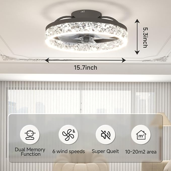 VOLISUN Fandelier Ceiling Fans with Light, 15.7in Low Profile Ceiling Fan with Light and Remote, 3000K-6500K Dimmable Bladeless Ceiling Fan Flush Mount, Black Modern Ceiling Fan with Light for Bedroom