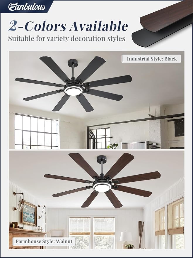 Fanbulous 65 Inch Ceiling Fans with Lights and Remote, Black Ceiling Fan with 8 Dual-Color Blades, Indoor/Outdoor Large Ceiling Fans, Reversible DC Motor, 6-Speed, 3CCT for Living Room Kitchen Patio