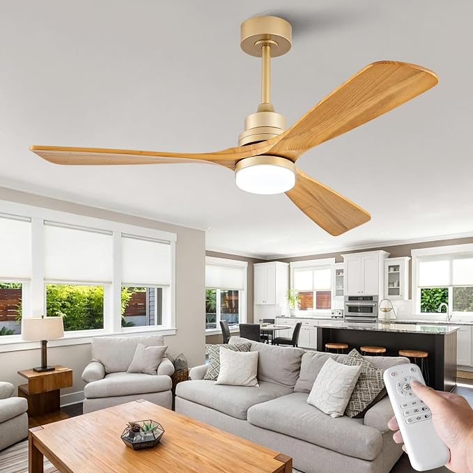 52 Inch Boho Ceiling Fans with Lights and Remote, Gold Ceiling Fan with Quite Reversible DC Motor, Dimmable LED Memory Function,Solid Wood Indoor Outdoor Ceiling Fan with Light for Patio Bedroom
