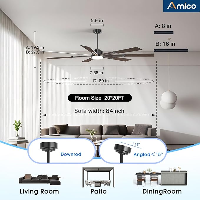 Amico 80 Inch Ceiling Fans with Lights and Remote, Indoor Outdoor Ceiling Fan for Patio Living Room, Kitchen, Quiet 6-Speed Reversible DC Motor, Dual-Sided Blades, Modern Farmhouse Dimmable & 3CCT