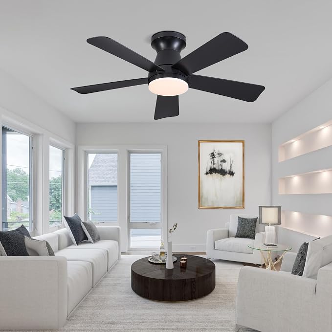 41" Modern Black Low Profile Ceiling Fans with Lights and Remote | Flush Mount ,Super Large Airflow with 6 Wind Speeds, Reversible, Dimmable 3 CCT LED, 30W DC Motor,Suits for Bedroom Kidsroom