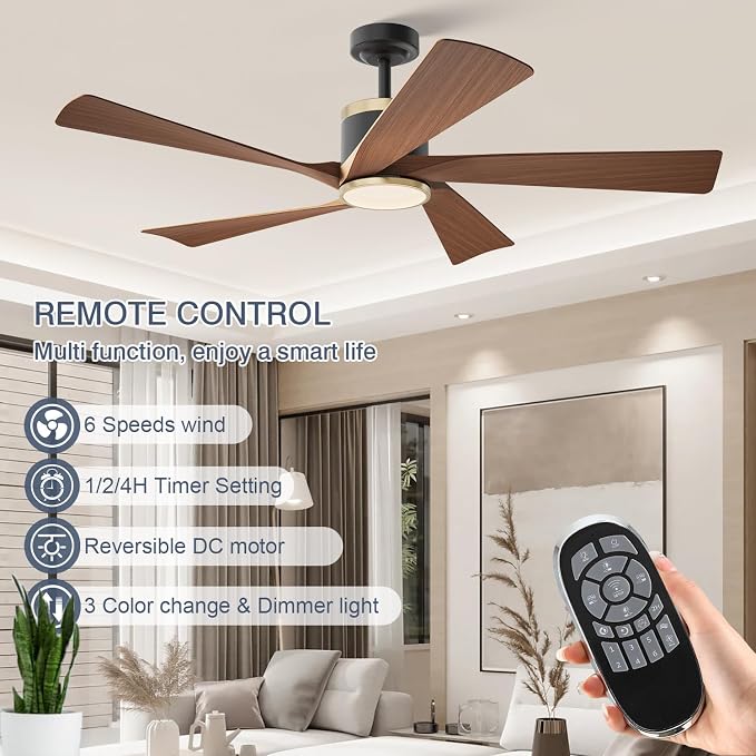 TXCSLY 52'' Ceiling Fans with Lights, Modern Ceiling Fan with Remote Control, Indoor Outdoor Ceiling Fan for Living Room,Bedroom 5 Blade 3 Color Tempearture (Walnut)