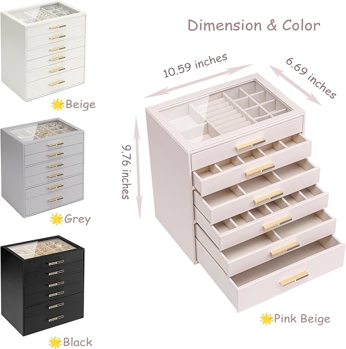 VLANDO 6-Drawer Jewelry Box with Glass Lid, Faux Leather Organizer for Rings Earrings Necklaces and More, Gift-Ready Jewelry Case for Women Girls or Moms, Pink Beige