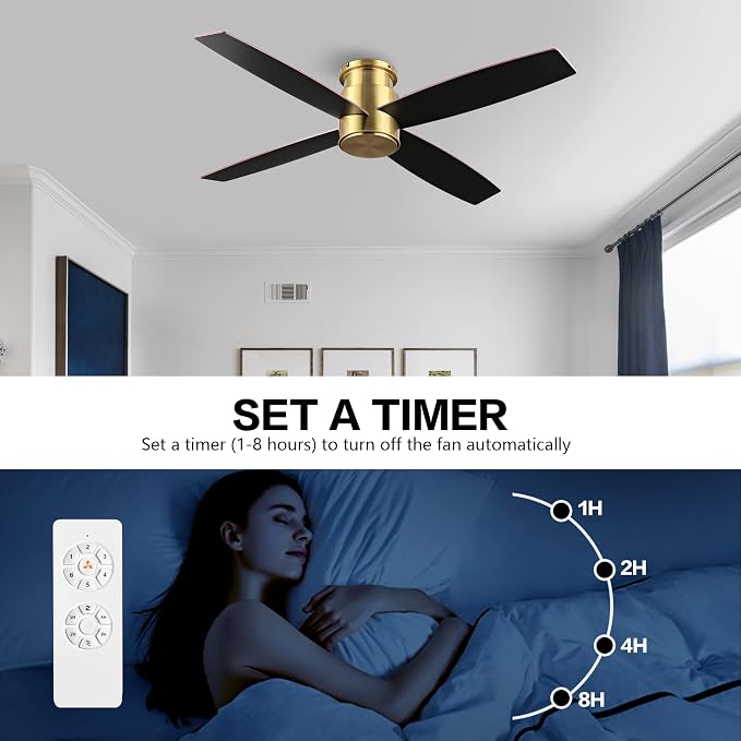 WINGBO 52" Flush Mount DC Ceiling Fan without Lights, 4 Reversible Blades, Ultra Quiet 6-Speed DC Motor, Hugger Low Profile Indoor Ceiling Fan No Lights, Brass Finish