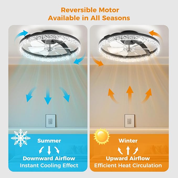 Ceiling Fans with Lights and Remote, Low Profile Ceiling Fan, Morden Flush Mount LED Fan Light, 3000K-6500K Dimmable for Bedroom, Kitchen, Living Room, Srystal, Black