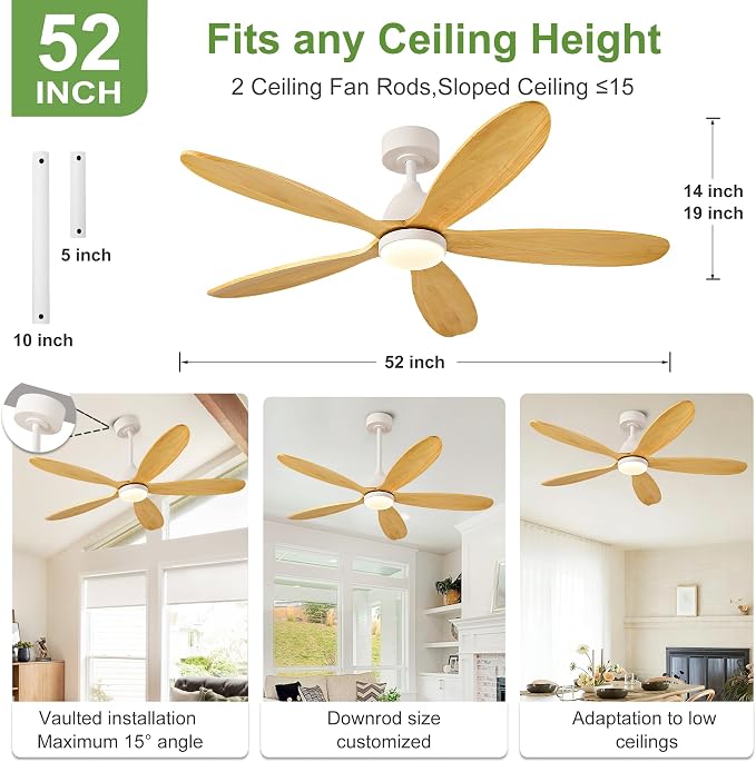 52 Inch Solid Wood Ceiling Fans With Lights, Remote Control, Dimmable, Reversible, Wood Blades, Power-Off Memory, Quiet DC Motor, Indoor/Oudoor Ceiling Fan with Light for Patio,Livingroom