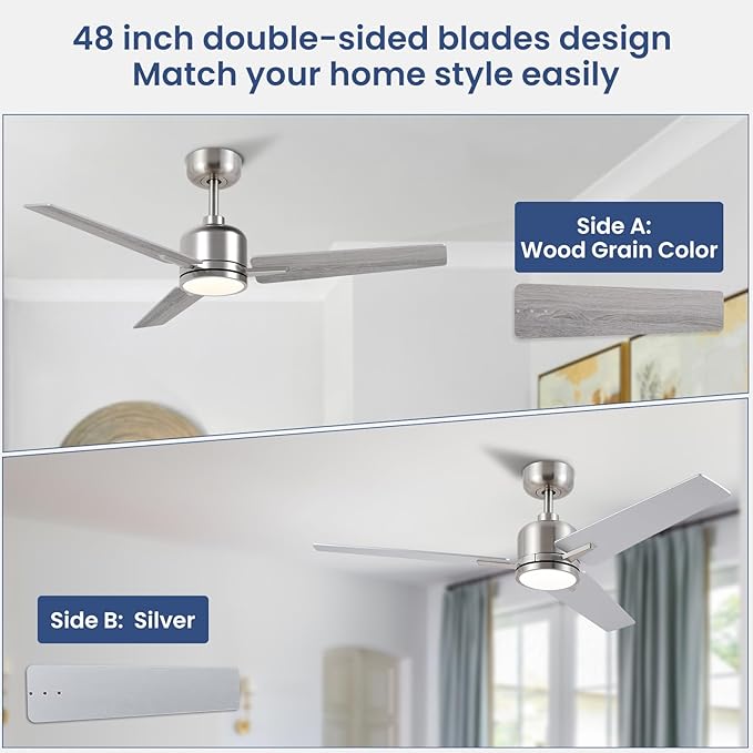 Newday 48 Inch Brushed Nickel Ceiling Fan with Light & Remote - Noiseless Reversible DC Motor, Dimmable 3CCT, 6-Speed with Timer, 3 Blades for Indoor/Covered Outdoor Use (ETL Listed)