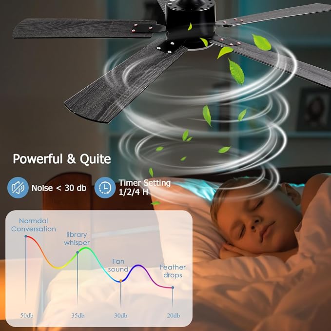 FUMLTP 52 inch Modern Ceiling Fans with Lights APP/Remote Control, Low Profile Reversible 6 Speeds Ceiling Fan Light for Indoor/Outdoor Patio Bedroom Living Room,Black