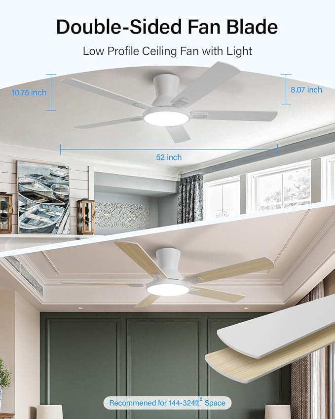 52 Inch Ceiling Fans with Lights and Remote, Flush Mount Low Profile Smart Ceiling Fan with WIFI Alexa App Control, Quiet Reversible DC Motor, 6 Speeds, Dimmable LED Light, White