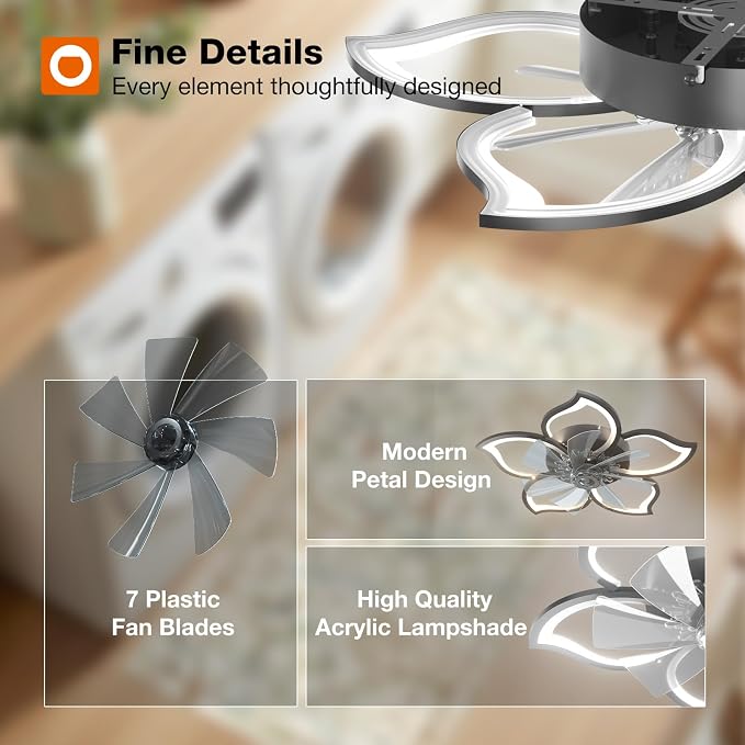 addlon Ceiling Fans with Lights and Remote, 27'' Low Profile Flush Mount Ceiling Fan, 3000–6000K Dimmable LED Fandelier, Flower Fan Light for Bedroom, Kitchen, Living Room, Black