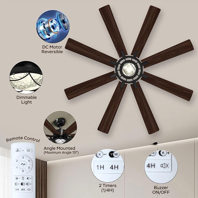 TALOYA 62 Inch Ceiling Fans with Lights and Remote Flush Mount Low Profile for Living Room Farmhouse Bedroom Patio Outdoor Dining Room,DC Motor,Reversible,Buzzer Mute,Dimmable Led Light,Rustic,Black
