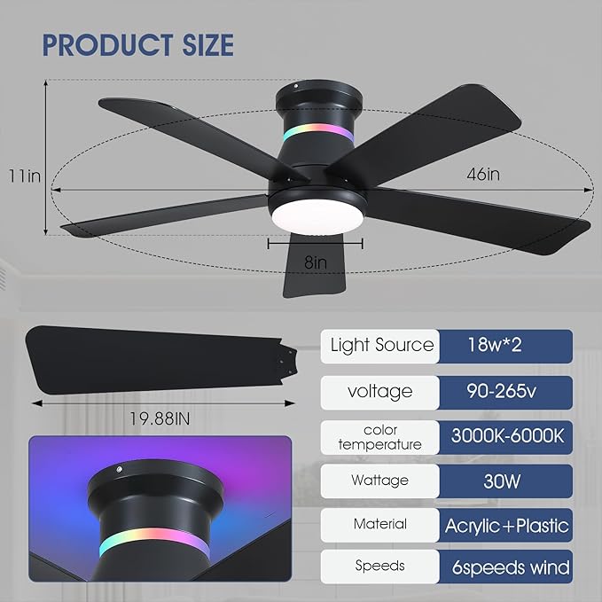 Surtime 46" Black Ceiling Fans with RGB Lights - Flush Mount Ceiling Fan Light with LED 3CCT Dimmable, Modern Low Profile Ceiling Fans for Indoor Party,Covered Outdoor