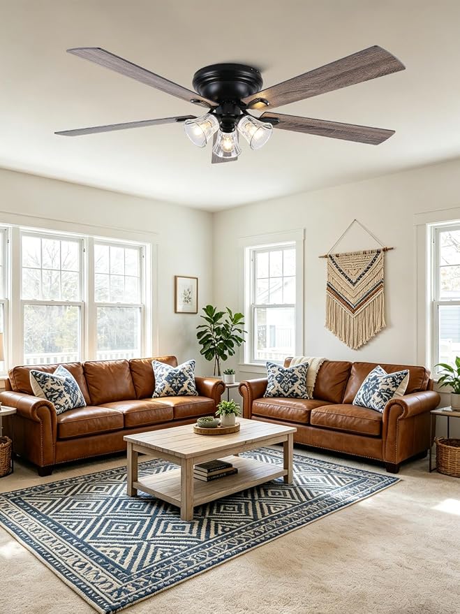 60 Inch Flush Mount Farmhouse Ceiling Fans with Lights and Remote | Reversible Blades Rustic Chandelier Fandelier with 6 Speeds, Vintage Low Profile Ceiling Fan for Living Room Bedroom Kitchen