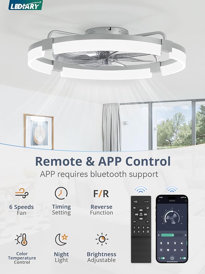 LEDIARY 24" Ceiling Fans with Lights and Remote, Modern Low Profile Ceiling Fan, 3 CCT, Stepless Dimmable, Fandelier Flush Mount Fan Light, 6 Speeds, DC Motor, App & Remote Control for Bedroom(Grey)