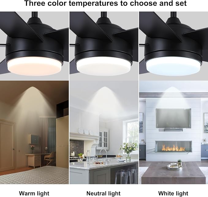 YUHAO 44 Inch Black Ceiling Fan with Light and Remote Control.Noiseless,Dimmable,3CCT,6 Speeds Reversible, DC Ceiling Fans for Indoor or Covered Outdoor Use.ETL Listed