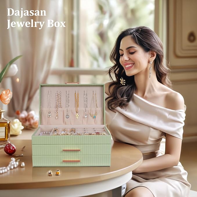 Dajasan Jewelry Box Organizer, 3-Tier Jewelry Storage with 2 Drawers, Large Jewelry Boxes for Women, PU Leather Surface with Texture, Gift Idea, Modern Style, 10.71 x 7 x 5.6 Inches (Avocado Green)