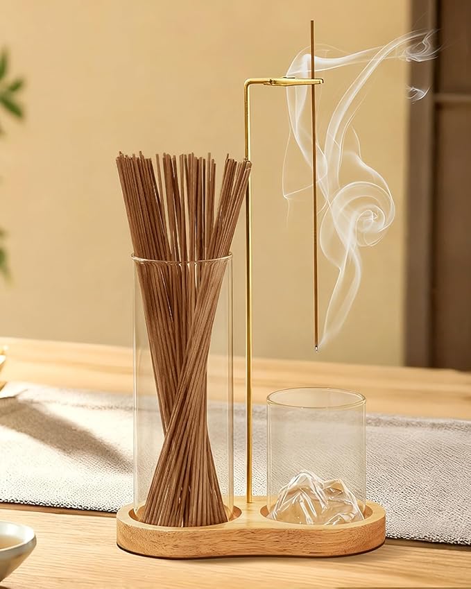 2-in-1 Glass Incense Holder for Sticks, Wooden Incense Burner with Ash Catcher & Incense Storage, Anti-Ash Flying Incense Stick Holder for Meditation, Yoga, Spa, and Home Decor(Natural Wood)
