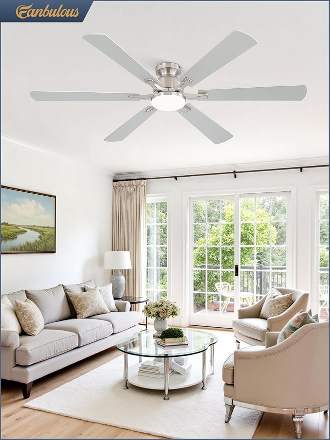 Fanbulous 60 Inch Ceiling Fan with Lights, APP & Remote Control, Flush Mount Low Profile Brushed Nickel Ceiling Fan, 3000-6000K Dimmable LED, Quiet Reversible Motor, 6 Speeds, for Living Room Bedroom
