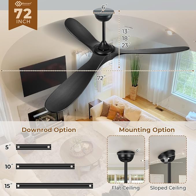 72" Outdoor Ceiling Fans with Lights and Remote Control, Large Ceiling Fan with Lights High CFM Quiet 3 Wood Blade Propeller Outdoor Fan,Propeller Ceiling Fan for Patio,Matte Black