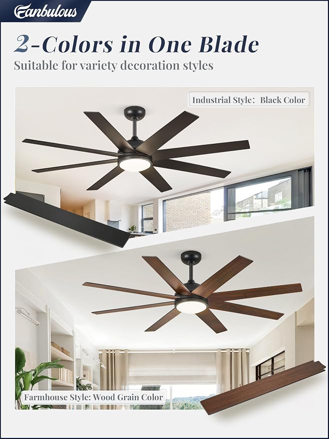 Fanbulous Ceiling Fans with Lights, 60 inch Black Ceiling Fan with Light and Remote, Outdoor Ceiling Fans for Living Room Patio, 6 Speeds, Reversible Quiet DC Motor, 3 CCT, 8 Blades