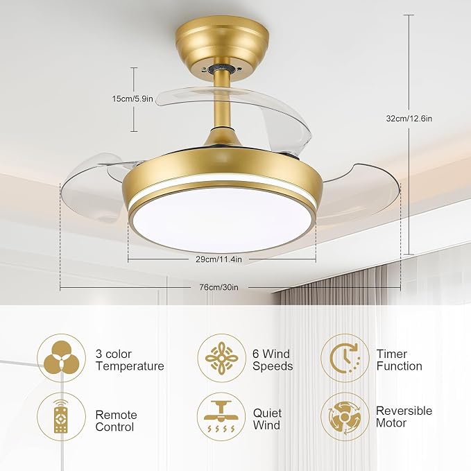 STERREN 30" Retractable Ceiling Fans with Lights, Dimmable LED Ceiling Fan Remote Control, Modern Small Fan Light for Bedroom Living Room Dinning Room Kitchen, 3000K-6500K, 6 Speed (Golden)