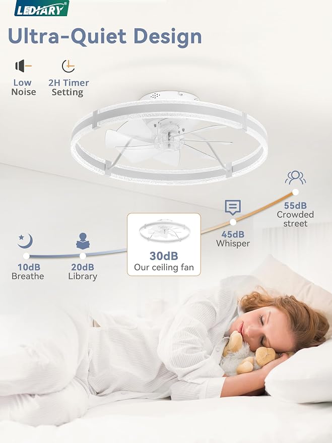 LEDIARY Ceiling Fans with Lights and Remote, 24'' Low Profile Ceiling Fan with Light, 3000-6000K Dimmable Fandelier Ceiling Fans, Modern Flush Mount Fan Light for Bedroom with 6 Wind Speeds- White