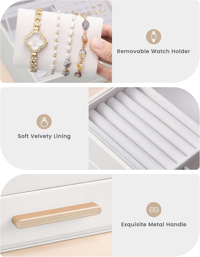 Lolalet 2-Layer Jewelry Box Organizer Holder for Women Girls Mom -Beige | Jewelry Storage Case with Drawers for Necklaces Ring Earrings Bracelet Watch, Gifts Choice for Mom Mother’s Day