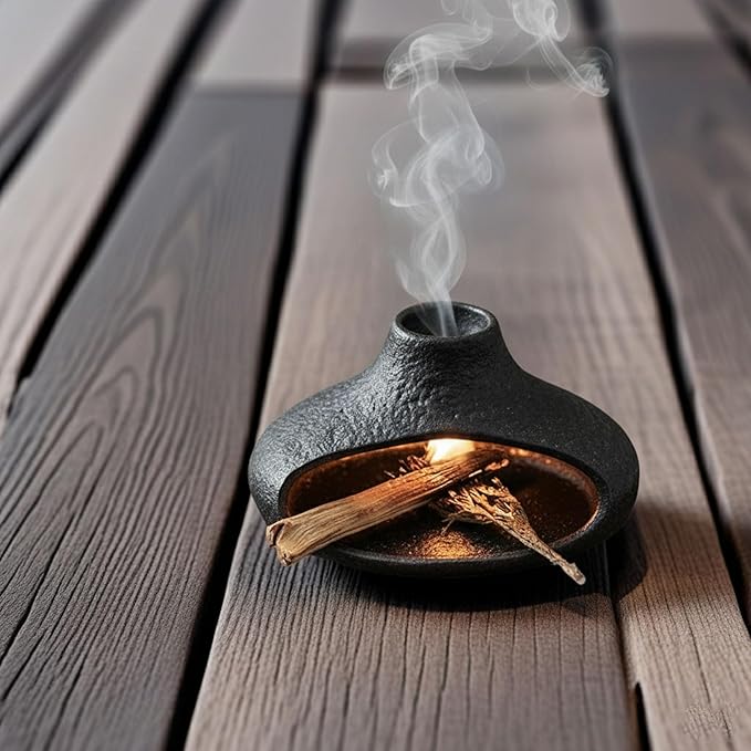 Holder Incense Burner-Mini Ceramic Fireplace,Handmade Smudge,with Chimney,for Sage,Palo Santo,Aromatic Ash Tray for Home Decor, Anxiety Relief & Valentine's Day Meditation Gifts for Women (Black)