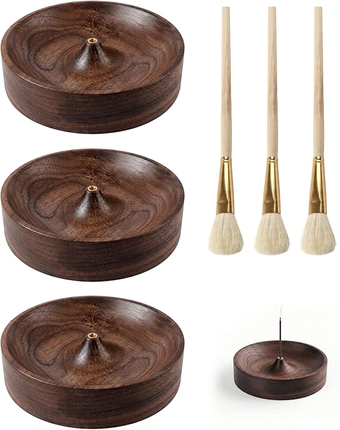 3PCS Incense Holder for Sticks with 3PCS Ash Brush, Wooden Black Walnut Burner Ash Catcher Bowl Tray for Home Décor, Meditation, Yoga, Spa
