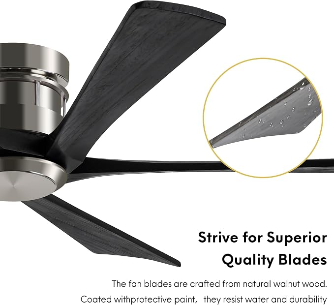 EKIZNSN 72 Inch Brushed Nickel Flush Mount Ceiling Fans without Light for Patios, 110V Noiseless Reversible DC Motor, 6-Gear Speed (Nickel Finish with Black Blades)