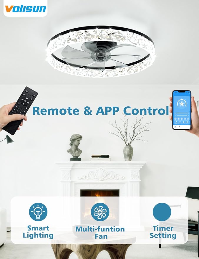 VOLISUN Low Profile Ceiling Fan with Lights and Remote, No Assembly, 20in Modern Ceiling Fans Flush Mount, 3000K-6500K Dimmable Bladeless LED Fan Light, Black Fandelier Ceiling Fans for Bedroom