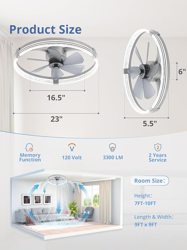 ZMISHIBO Low Profile Ceiling Fans with Lights, Flush Mount Modern Ceiling Fan and Remote Control, 23" LED Ceiling Fans, Stepless Dimmable 3 Colors and 6 Speeds (Grey, 23")