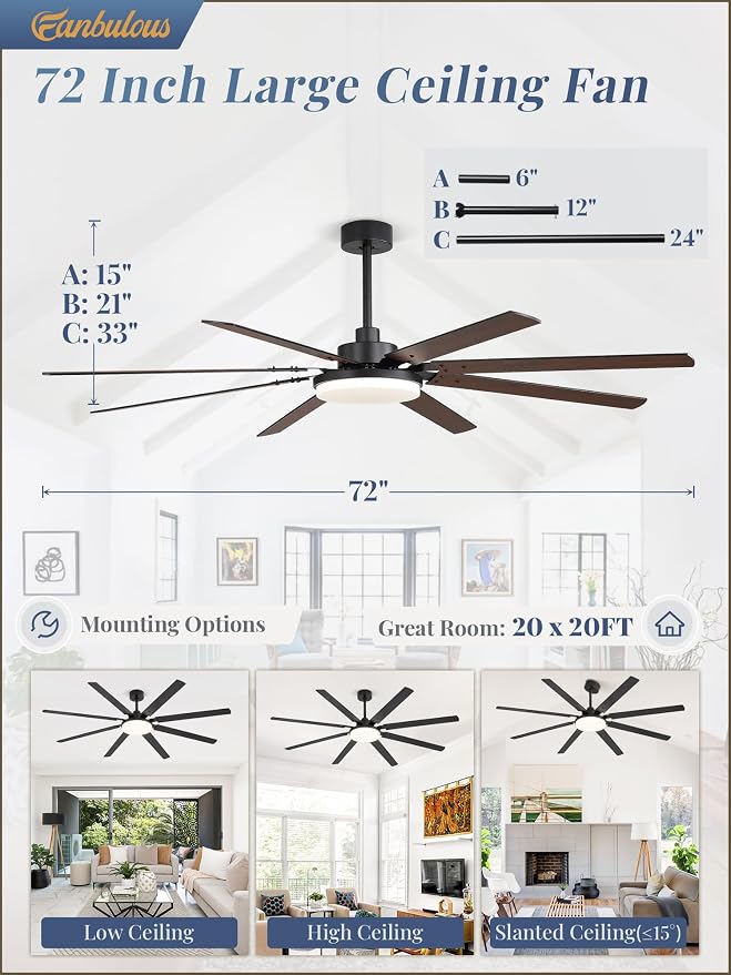 Fanbulous 72 inch Large Ceiling Fans with Lights and Remote, 27 W LED light | Outdoor Black Ceiling Fan with 8 Blades, 3 CCT, 6 Speed Reversible Quiet DC Motor, Modern Ceiling Fan for Living Room Patio