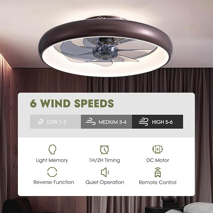 LUDOMIDE Ceiling Fan with Lights and Remote, 20'' Low Profile Flush Mount, 6 Wind Speeds, Modern Dimmable LED, Smart for Bedroom, Kids Room
