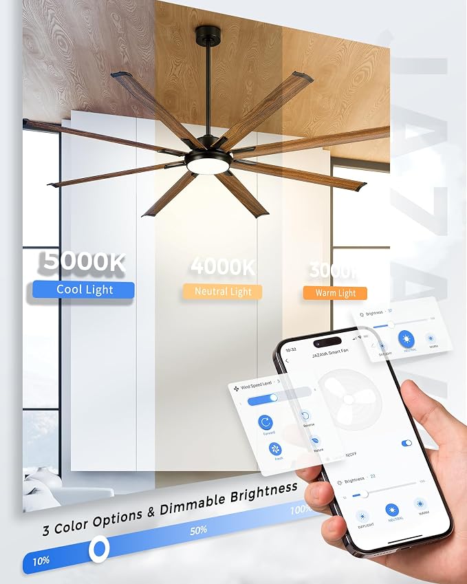 84 Inch Industrial Ceiling Fan with Light, Large Design with 8 Aluminum Blades, Compatible with Alexa, 6-Speed Reversible DC Motor, 3 Color Temperature Options - ZCCF04WD-84