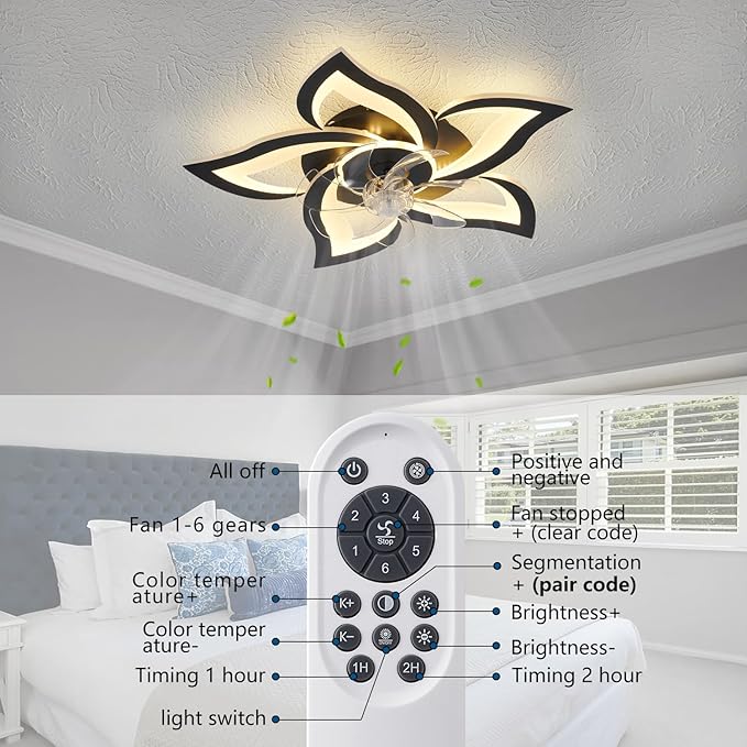 Black Flower Modern CeilingFans with Lights, Low Profile Ceiling Fan with Remote for Bedroom, Flush Mount Ceiling Fan with LED Dimmable Light,6-Speeds, Timing CeilingFan Light