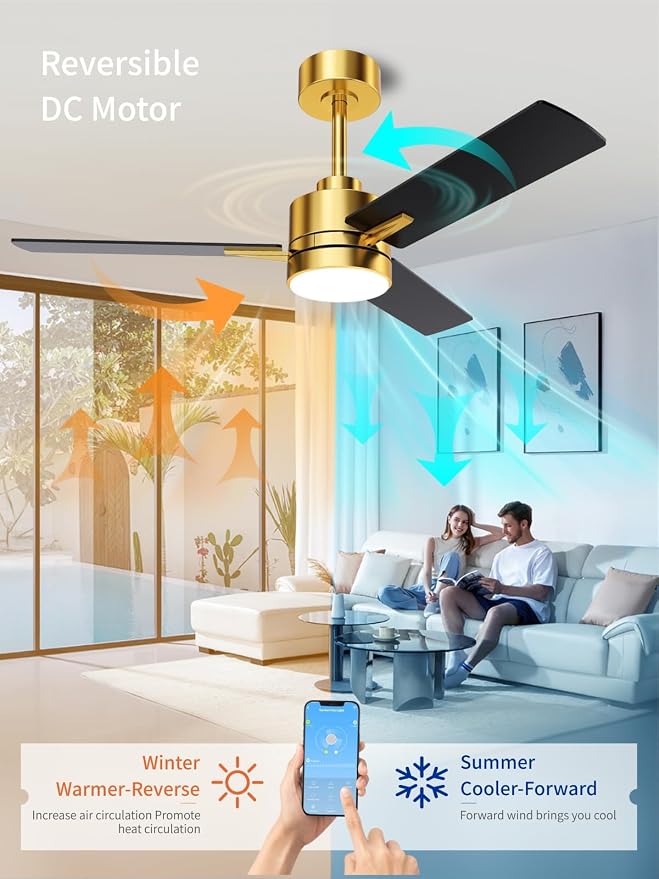 LANMEL 42'' Black and Gold Ceiling Fans with Lights and Remote, 6 Speed Low Profile Modern Ceiling Fan with Quiet DC Motor for Indoor Outdoor Bedroom Living Room
