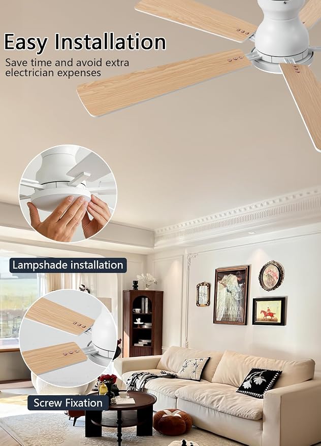 JSAITEE Ceiling Fans with Lights, 52Inch Low Profile Ceiling Fan with Light and Remote/App Control, Modern Flush Mount White Ceiling Fan, 3CCT Dimmable, Reversible DC Motor, for Living Room,Bedroom