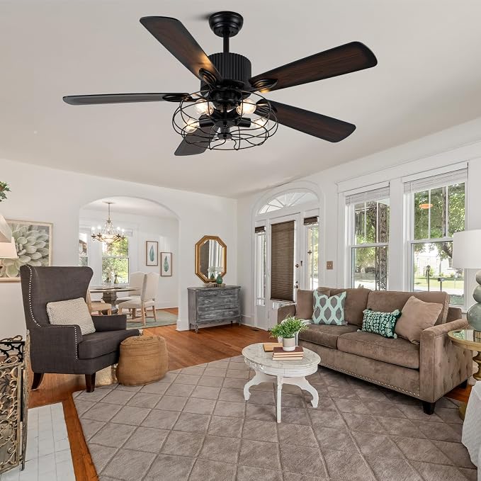 52" Industrial Farmhouse Ceiling Fan with Lights and Remote, Black Vintage Caged Fandelier Ceiling Fan with 5 Reversible Wooden Blades for Dining Room Living Room Bedroom