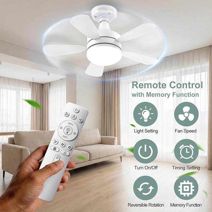 17.7" Socket Fan Light, 3000 Lumens Small Ceiling Fans with Lights and Remote, E26/E27 Light Bulb Fan with Reversible Motor, Dimmable 3000K-6500K Light Socket Fan for Bedroom Kitchen Garage