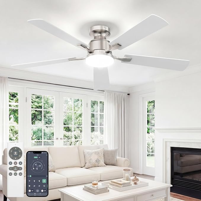 VOLISUN 52 Inch Ceiling Fan with Lights Flush Mount, Low Profile Ceiling Fans with Lights, Remote&APP Control,Dimmable 22W LED Light,Queit&Reversible Fan, Ceilings Fans for Bedroom, Living Room,Nickel