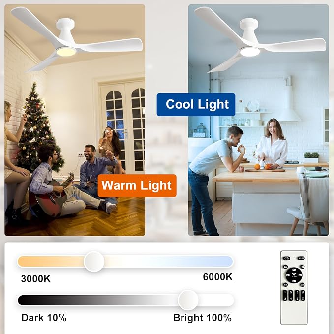 Depuley 52-Inch Ceiling Fans with Lights: White 3 Blade Flush Mount Low Profile Ceiling Fan for Bedroom - Dimmable Indoor Outdoor Fan with Remote Control Ultra Quiet DC Motor Timer
