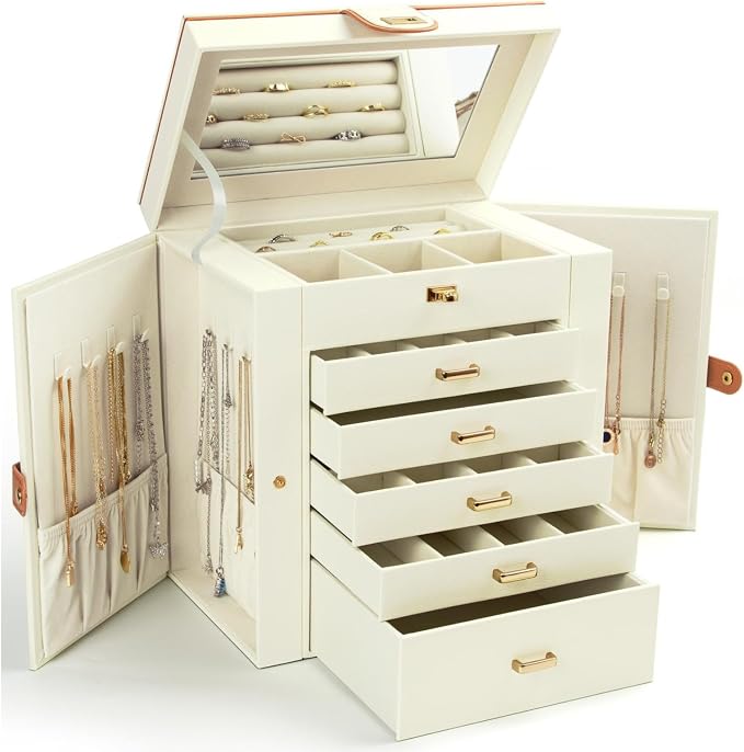 KAMIER Jewelry Box for Women, 6-Layer Large Jewelry Holder Organizer Box with Mirror & 5 Drawers for Rings, Earrings, Necklaces, Bracelets,White