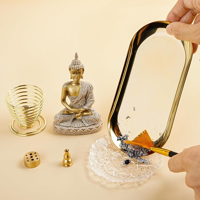ZenBless 6 in 1 Incense Holder - Palo Santo, Buddha Statue, Sage & Incense Burner Holder for Sticks/Coil/Cones, Gold Oval Ash Catcher