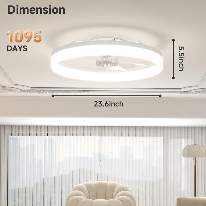 VOLISUN Low Profile Ceiling Fans with Lights and Remote, 23.6in Fandelier Ceiling Fan with Light, 3000K-6500K Dimmable Bladeless LED Fan Light, White Flush Mount Ceiling Fans with Lights for Bedroom