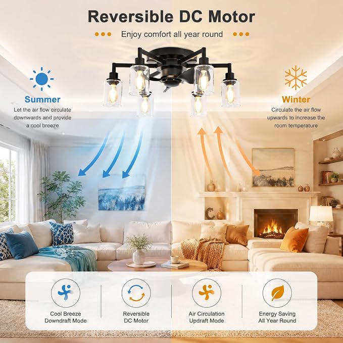 Garwarm 26IN Ceiling Fans with Lights, Black Flush Mount Ceiling Fan with Lights Remote Control,Low Profile Bladeless Ceiling Fan Light Fixture for Bedroom, Kitchen, Dining Room
